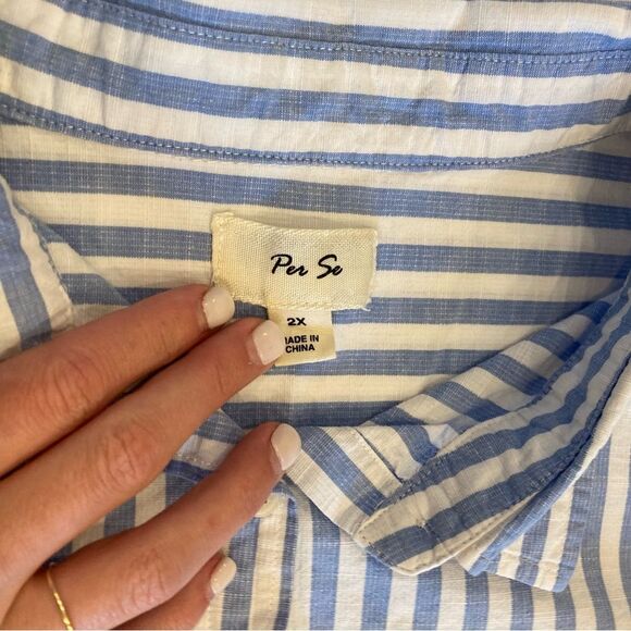 CARLISLE Per Se Blue and White Coastal Striped Laganlook Button Down Top 2x - Picture 5 of 8